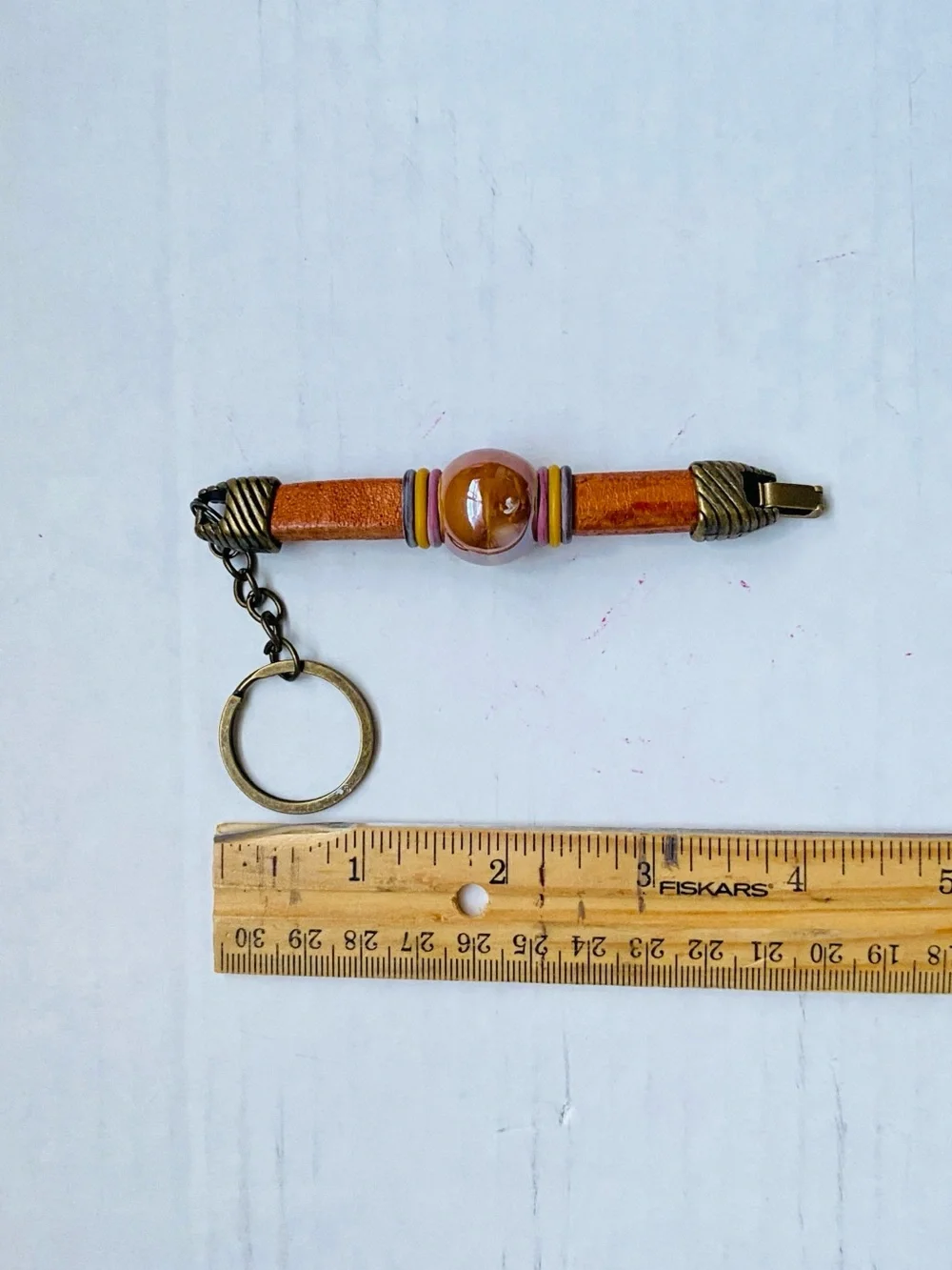 Brown Leather Key Ring, Holder with Decorative Bead